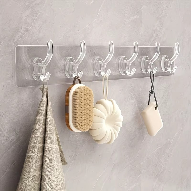 Self Adhesive Transparent 6‑Hooks Wall Hanger | Pack of 3